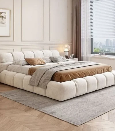 سرير سوبر كينج خشب كونتر و قماش قطيفة 90×190×225 سم - بيج - main