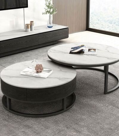 طقم ترابيزات قهوة من قطعتين بسطح رخام وهيكل ستيل – Verve Home