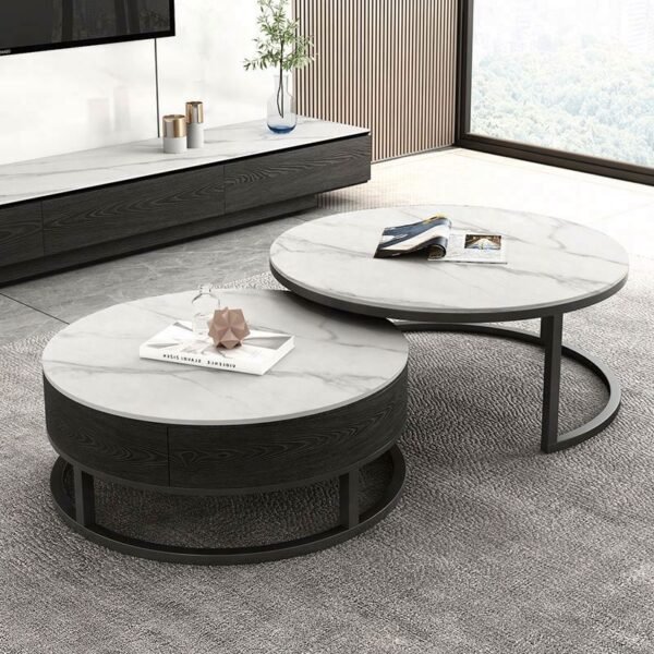 طقم ترابيزات قهوة من قطعتين بسطح رخام وهيكل ستيل – Verve Home