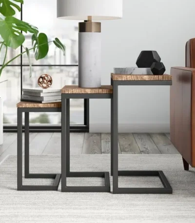 طقم ترابيزات جانبية من ثلاث قطع بهيكل ستيل وخشب MDF – Verve Home