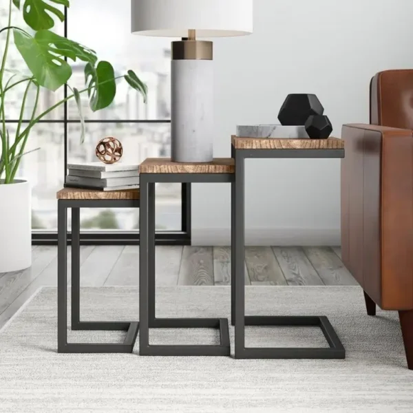 طقم ترابيزات جانبية من ثلاث قطع بهيكل ستيل وخشب MDF – Verve Home